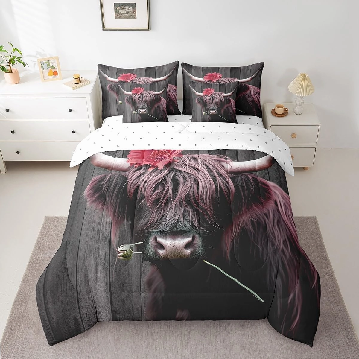 Erosebridal 7Pcs Highland Cow Comforter Sets King Size, Pink Floral Cow Wooden Plank Comforter Set Bed in a Bag(1 Comforter, 1 Flat Sheet 1 Fitted Sheet 2 Pillowcases and 2 Throw Pillow Covers)