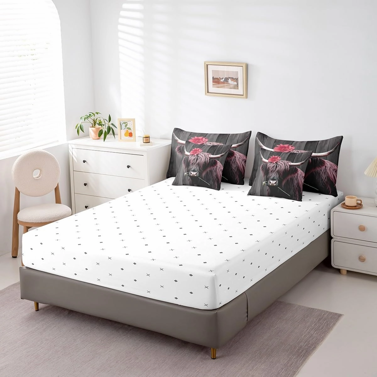 Erosebridal 7Pcs Highland Cow Comforter Sets King Size, Pink Floral Cow Wooden Plank Comforter Set Bed in a Bag(1 Comforter, 1 Flat Sheet 1 Fitted Sheet 2 Pillowcases and 2 Throw Pillow Covers)