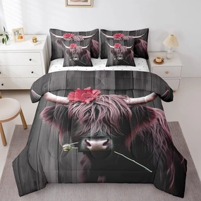 Erosebridal 7Pcs Highland Cow Comforter Sets King Size, Pink Floral Cow Wooden Plank Comforter Set Bed in a Bag(1 Comforter, 1 Flat Sheet 1 Fitted Sheet 2 Pillowcases and 2 Throw Pillow Covers)