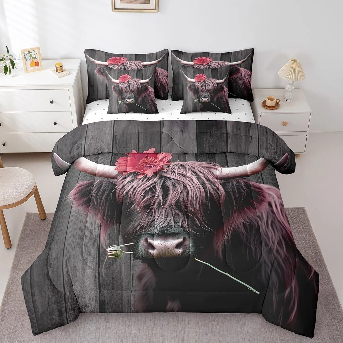 Erosebridal 7Pcs Highland Cow Comforter Sets King Size, Pink Floral Cow Wooden Plank Comforter Set Bed in a Bag(1 Comforter, 1 Flat Sheet 1 Fitted Sheet 2 Pillowcases and 2 Throw Pillow Covers)