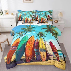 Erosebridal 7Pcs Surfboard Comforter Sets Queen Size, Colorful Surfing Theme Surf Sports Comforter Set Bed in a Bag(1 Comforter, 1 Flat Sheet 1 Fitted Sheet 2 Pillowcases and 2 Throw Pillow Covers)