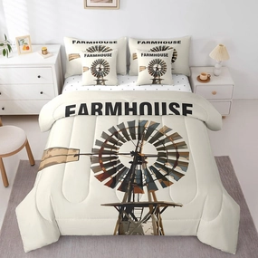 Erosebridal Queen 7Pcs Rustic Farmhouse Comforter Set Bed in a Bag Windmill Decor Comforter Set with Vintage Sheets(1 Comforter, 1 Flat Sheet, 2 Pillowcases and 2 Throw Pillow Covers)