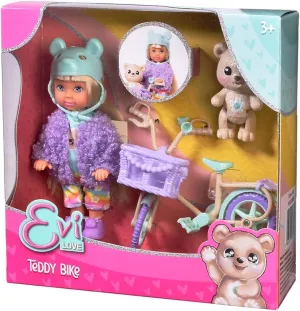 Evi Love Teddy Bike, Toy Doll with a Fluffy Jacket, with Bear Helmet, Shoes, Bicycle and Teddy, 12 cm, from 3 Years