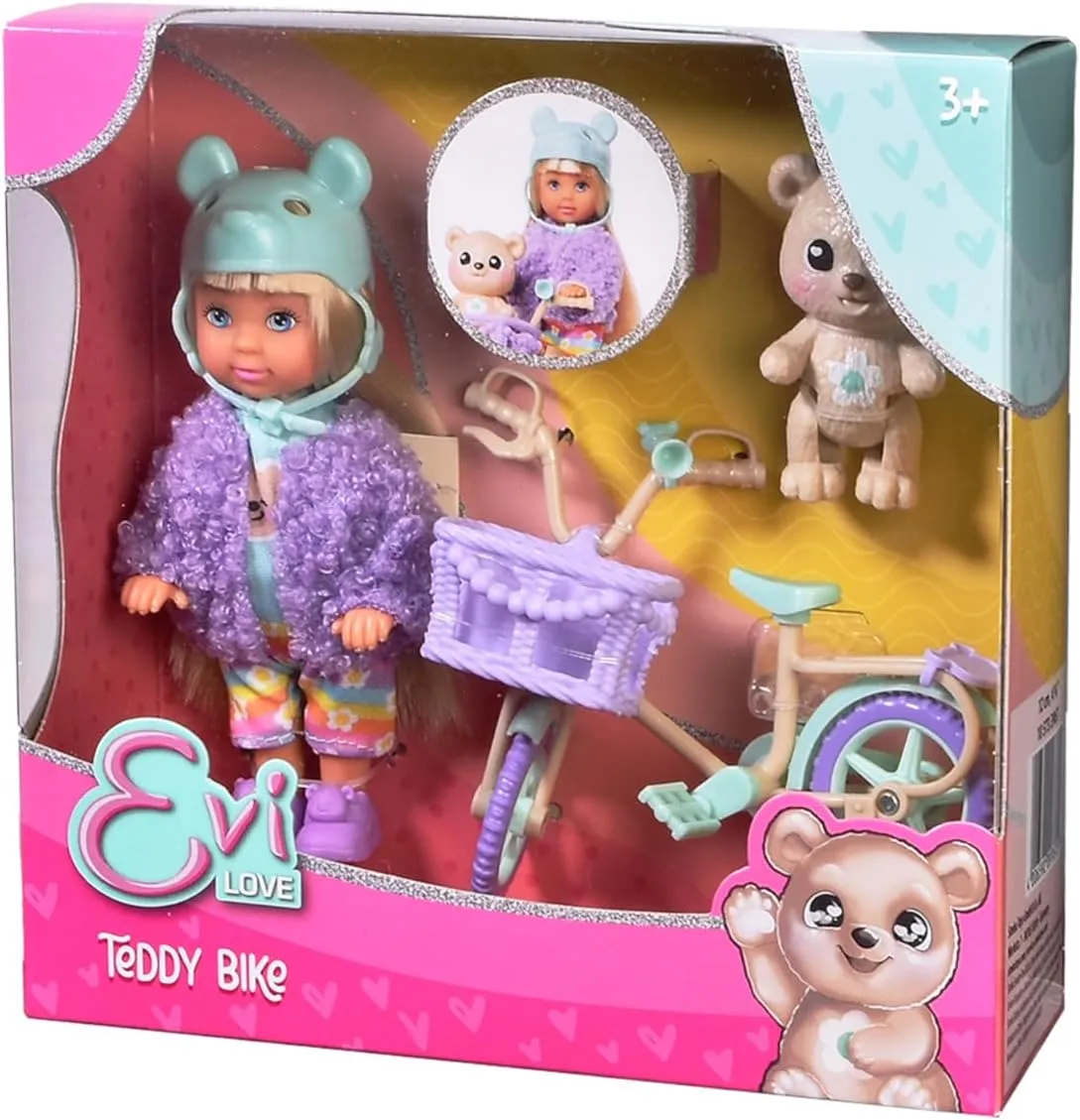 Evi Love Teddy Bike, Toy Doll with a Fluffy Jacket, with Bear Helmet, Shoes, Bicycle and Teddy, 12 cm, from 3 Years