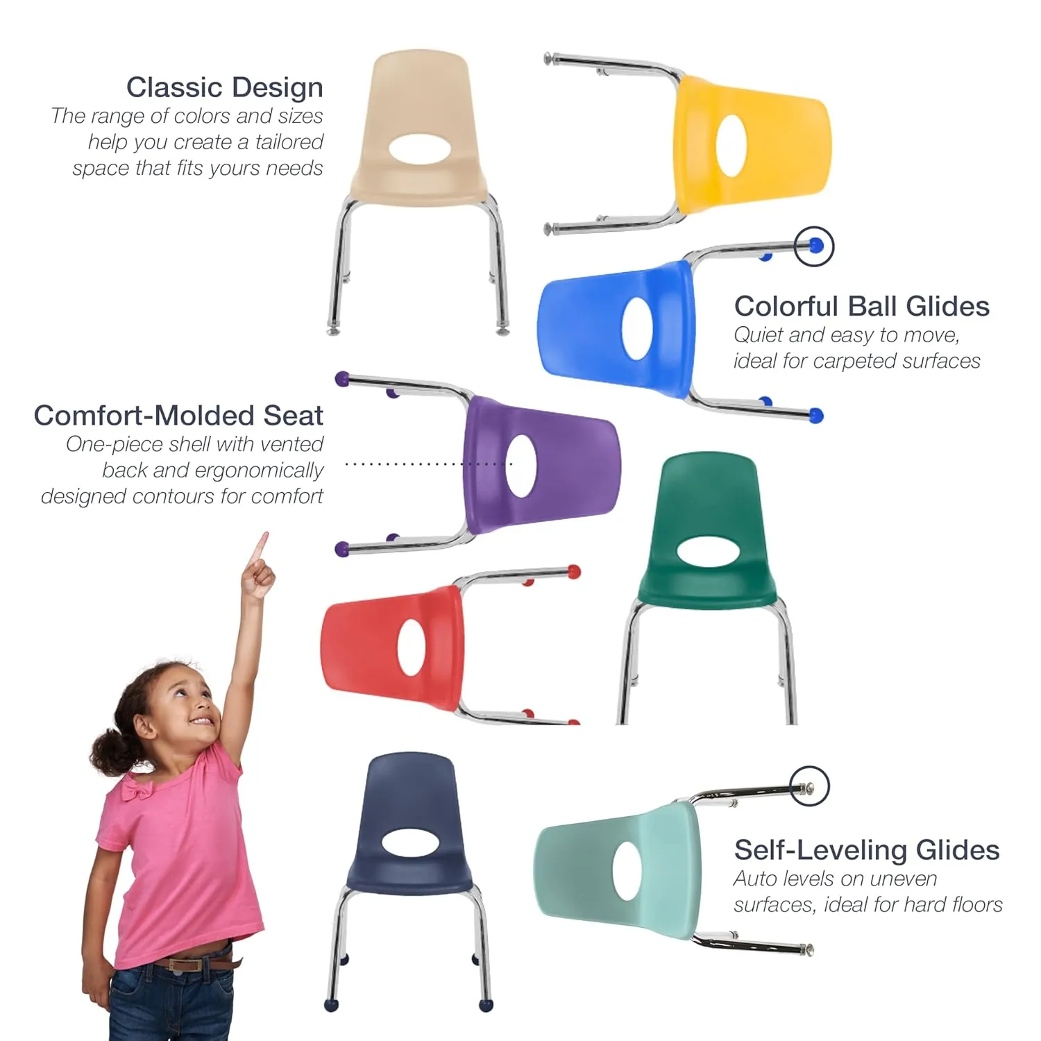 Factory Direct Partners 10364-BK 14" School Stack Chair, Stacking Student Seat with Chromed Steel Legs and Nylon Swivel Glides for in-Home Learning or Classroom - Black (6-Pack)