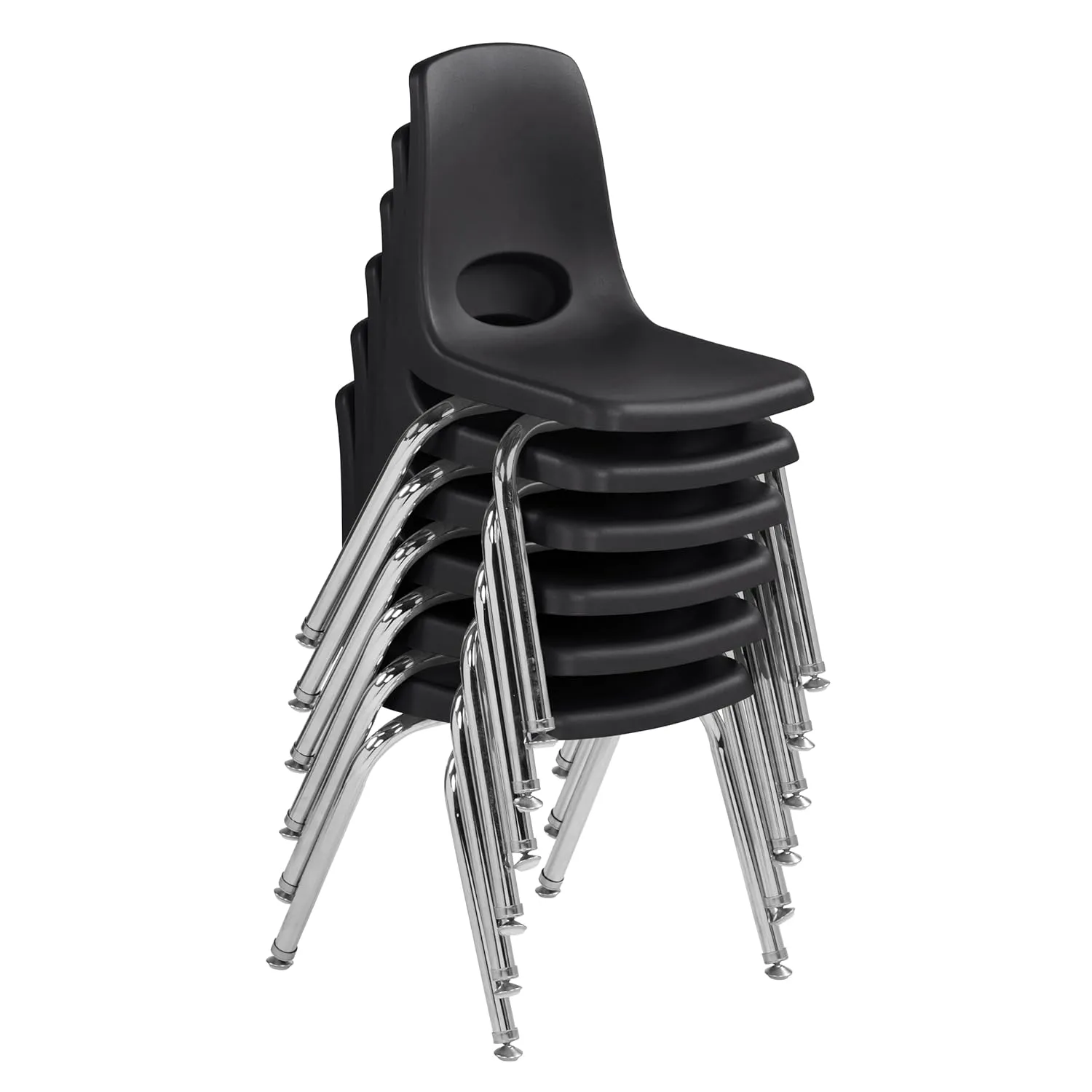 Factory Direct Partners 10364-BK 14" School Stack Chair, Stacking Student Seat with Chromed Steel Legs and Nylon Swivel Glides for in-Home Learning or Classroom - Black (6-Pack)