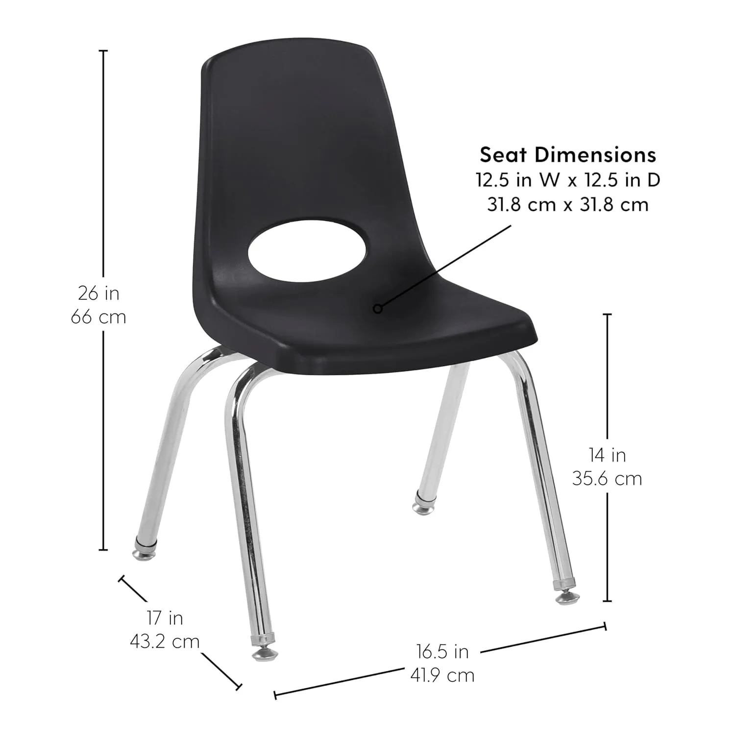 Factory Direct Partners 10364-BK 14" School Stack Chair, Stacking Student Seat with Chromed Steel Legs and Nylon Swivel Glides for in-Home Learning or Classroom - Black (6-Pack)