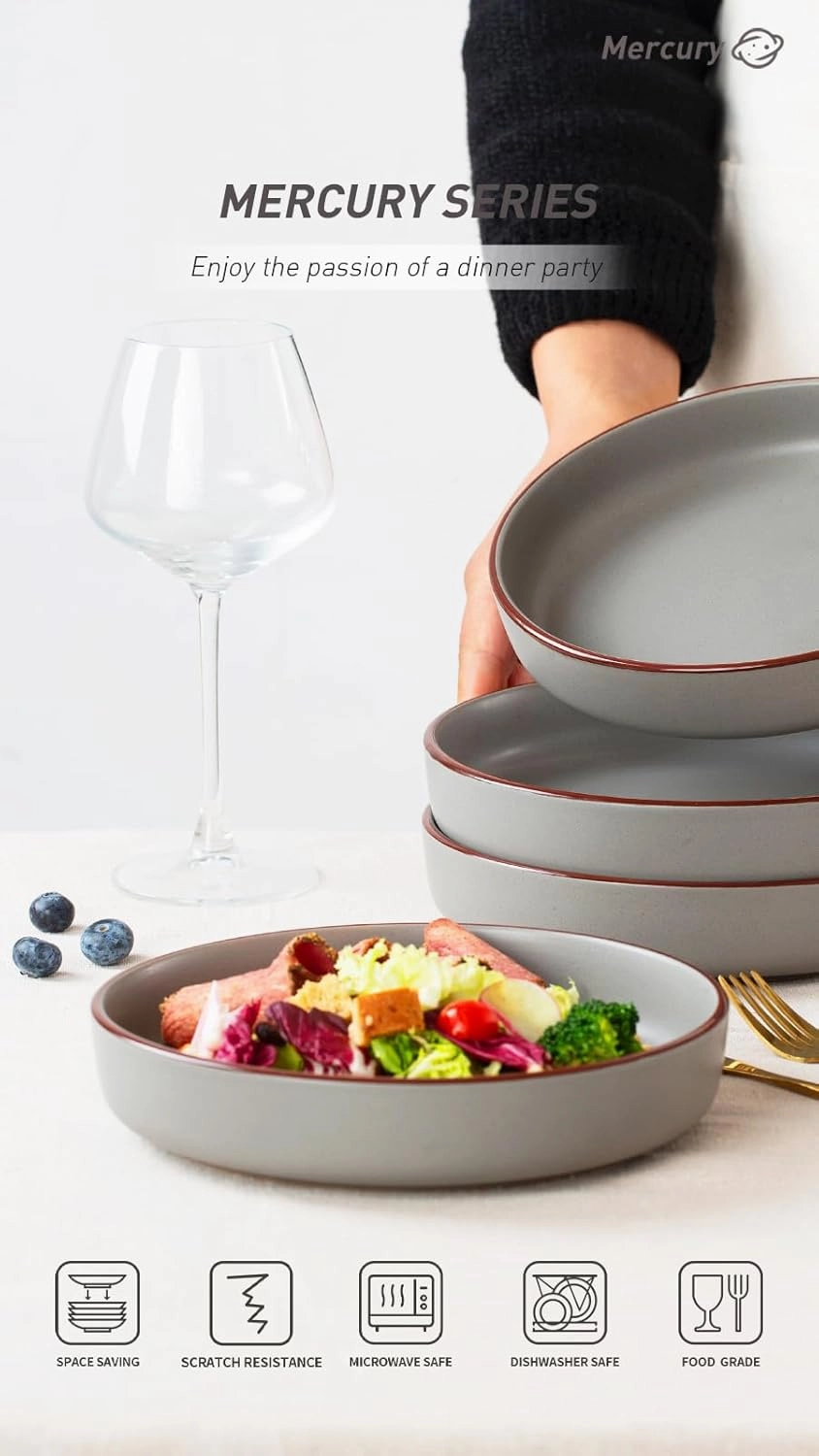 famiware Mercury Pasta Bowls Set of 4, 33 oz Large Salad Bowls, Ceramic Pasta Plates Bowls, Serving Bowls for Kitchen, Microwave & Dishwasher Safe, Dark Gray