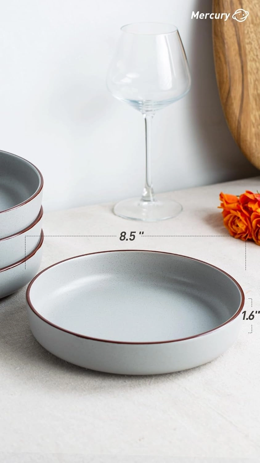famiware Mercury Pasta Bowls Set of 4, 33 oz Large Salad Bowls, Ceramic Pasta Plates Bowls, Serving Bowls for Kitchen, Microwave & Dishwasher Safe, Light Gray