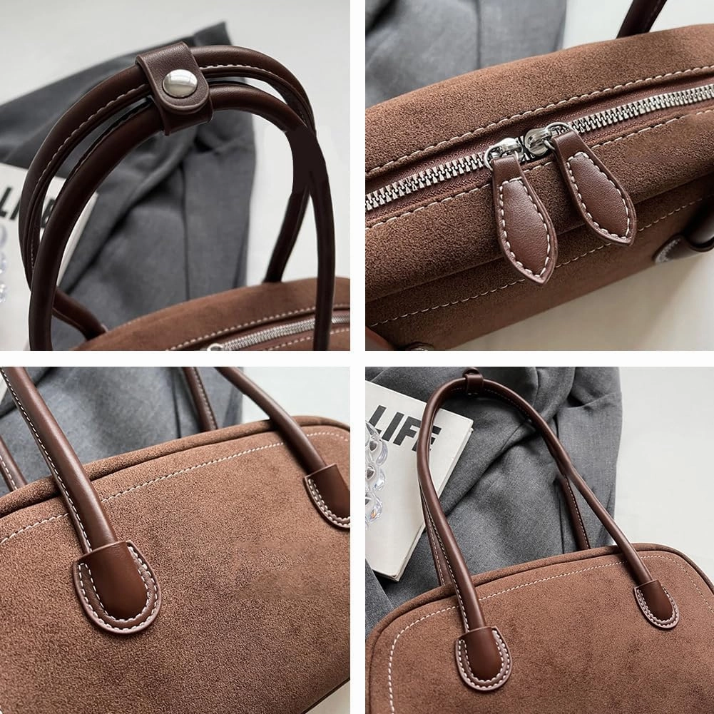 Faux Suede Zipper Leather Shoulder Strap Tote Bag Large Capacity Slouchy Hobo Handbags Purse Work Travel Shopping