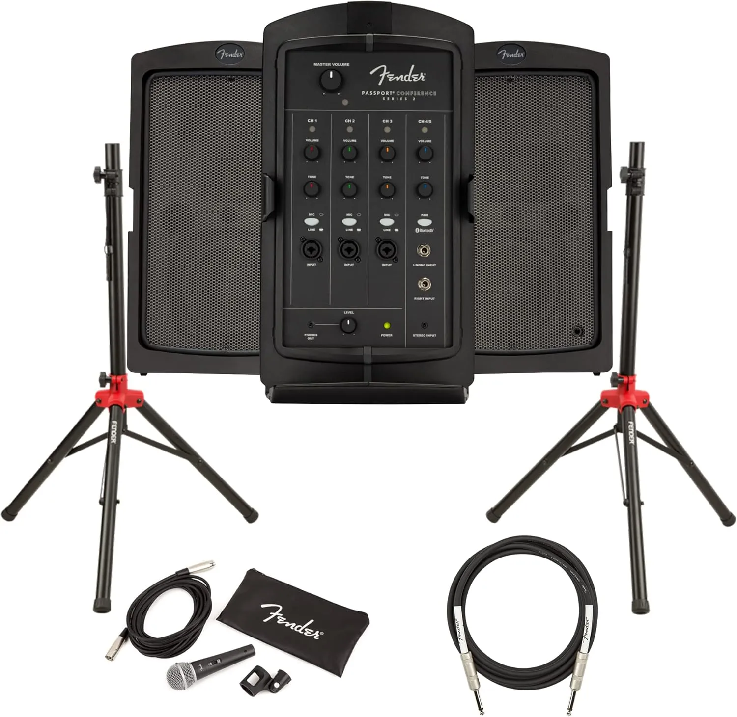 Fender Passport Conference S2 Portable PA System Bundle with Microphone, Compact Speaker Stands, XLR Cable, and Instrument Cable