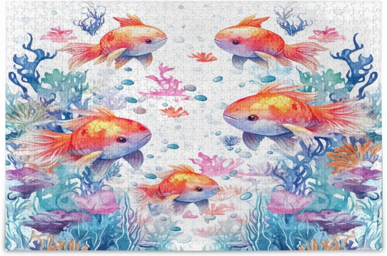 Fish Characters on a White Canvas Wood Puzzles Adult, Mind Games for Adults, Fun Puzzles, Unique Jigsaw Puzzles