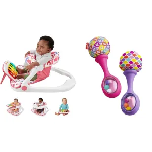 Fisher-Price Baby Portable Baby Chair Kick & Play Deluxe Sit-Me-Up Seat & Newborn Toys Rattle 'n Rock Maracas, Set of 2 Soft Musical Instruments for Babies 3  Months, Pink & Purple