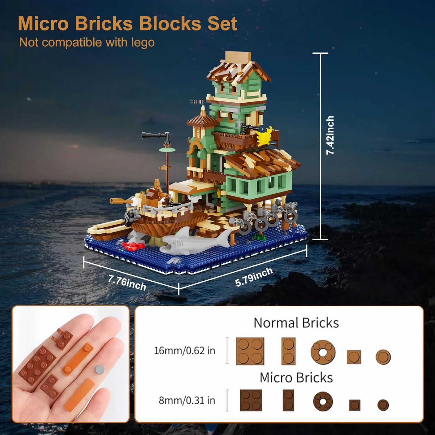 Fisherman Wharf Building Blocks with LED Lights, 2760 PCS Micro Bricks, DIY Architecture Model for Adults & Teens 14 , Miniature Cabin Seaside Decor, Creative Gift for Birthday & Christmas