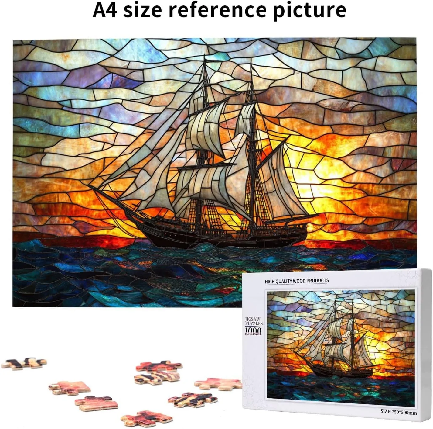 Fishing Boat at Sunrise, 1000-Piece Wooden Jigsaw Puzzles, Stained Glass Style Design, Adult Entertainment Game, Exercise Hands-On Ability, Complete with Family During Holidays