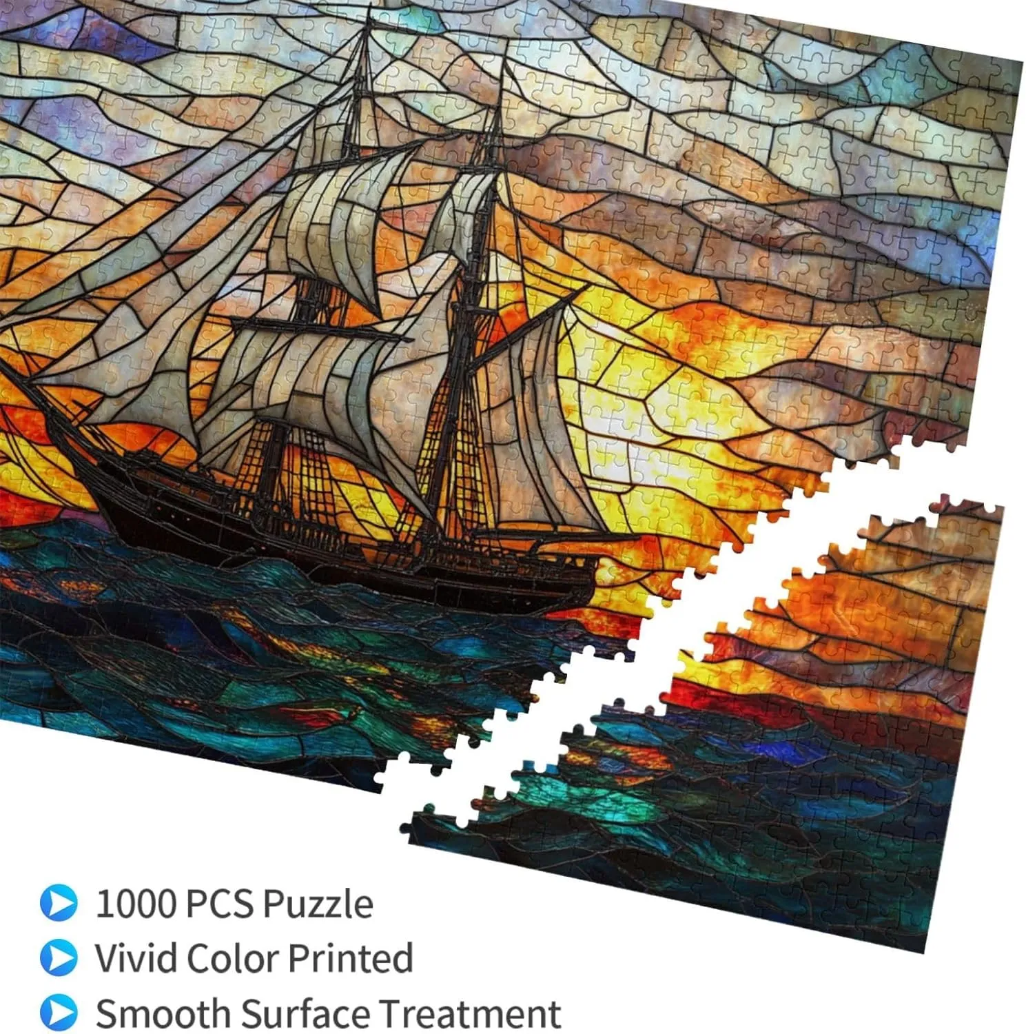 Fishing Boat at Sunrise, 1000-Piece Wooden Jigsaw Puzzles, Stained Glass Style Design, Adult Entertainment Game, Exercise Hands-On Ability, Complete with Family During Holidays