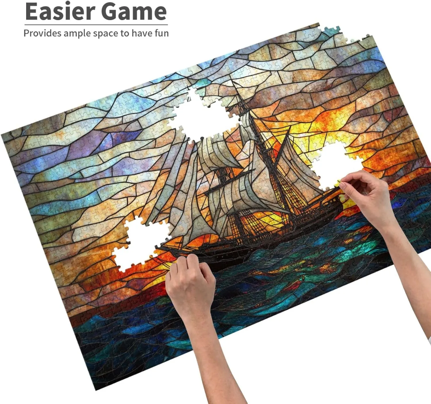 Fishing Boat at Sunrise, 1000-Piece Wooden Jigsaw Puzzles, Stained Glass Style Design, Adult Entertainment Game, Exercise Hands-On Ability, Complete with Family During Holidays