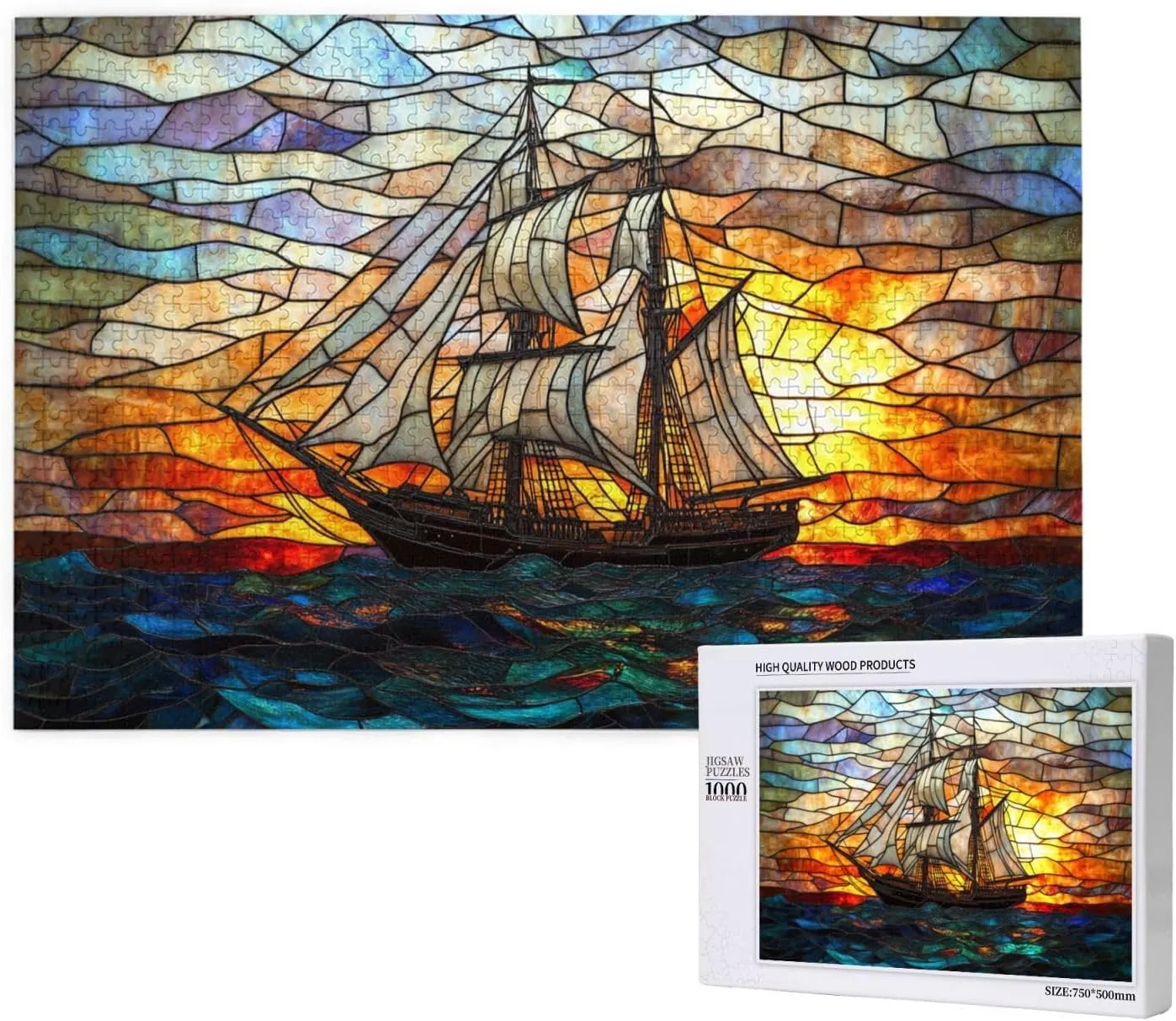 Fishing Boat at Sunrise, 1000-Piece Wooden Jigsaw Puzzles, Stained Glass Style Design, Adult Entertainment Game, Exercise Hands-On Ability, Complete with Family During Holidays