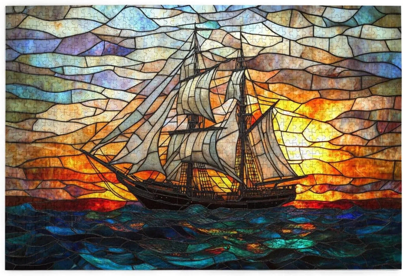 Fishing Boat at Sunrise, 1000-Piece Wooden Jigsaw Puzzles, Stained Glass Style Design, Adult Entertainment Game, Exercise Hands-On Ability, Complete with Family During Holidays