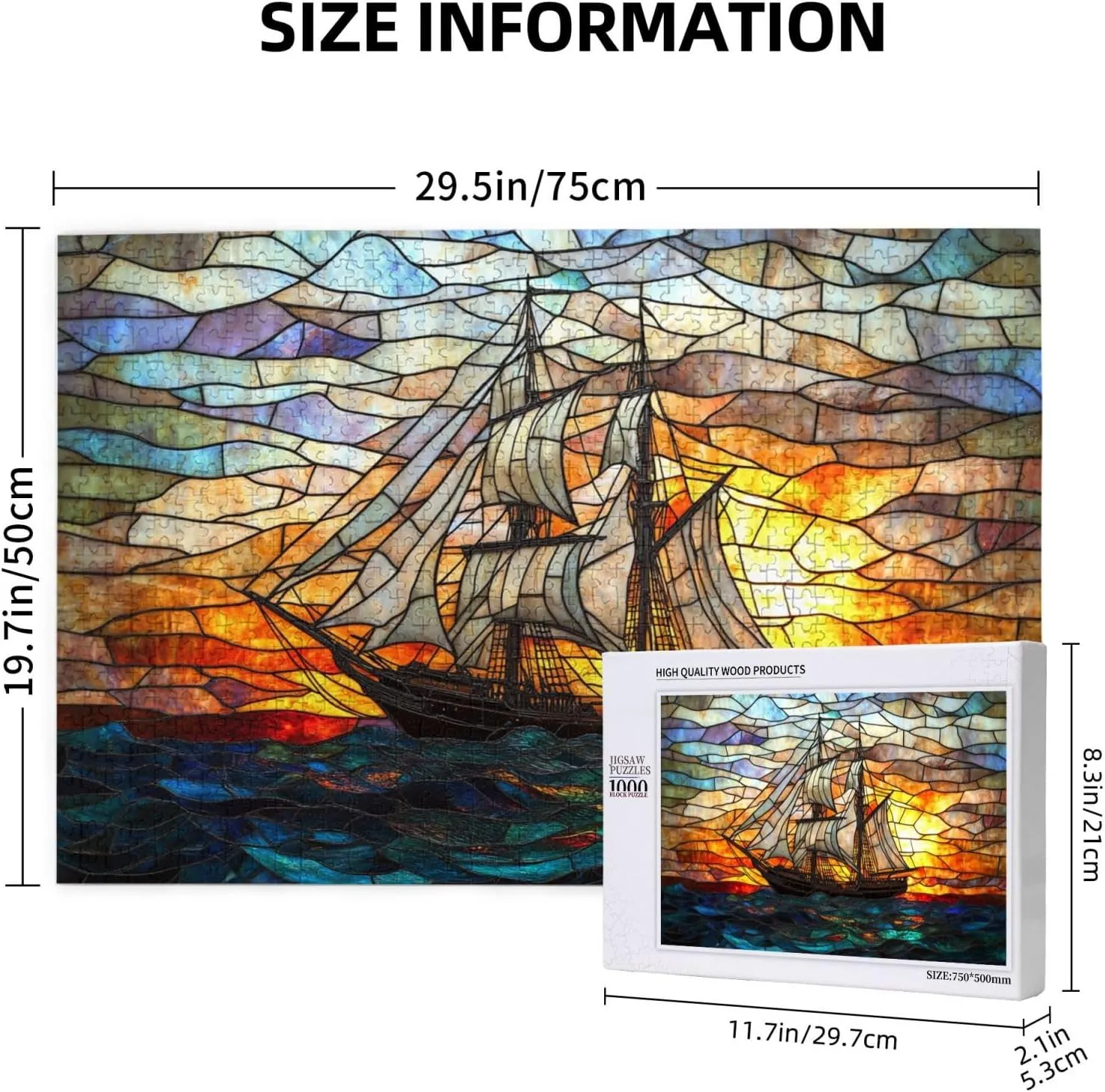 Fishing Boat at Sunrise, 1000-Piece Wooden Jigsaw Puzzles, Stained Glass Style Design, Adult Entertainment Game, Exercise Hands-On Ability, Complete with Family During Holidays