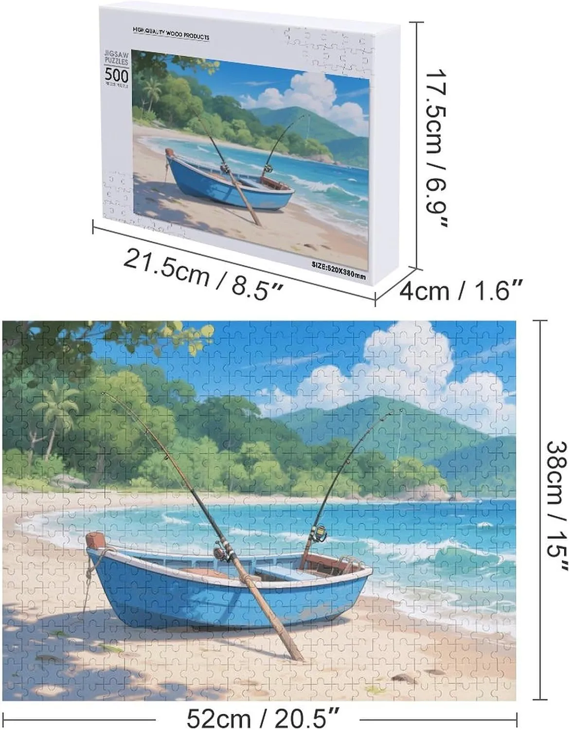 Fishing Boat Seaside 500-Piece Wooden Jigsaw Puzzle – Beautiful Anime-Inspired Scene of a Fishing Boat by The Seaside – Engaging Puzzle for Anime and Nature Lovers, Ideal for Adults.