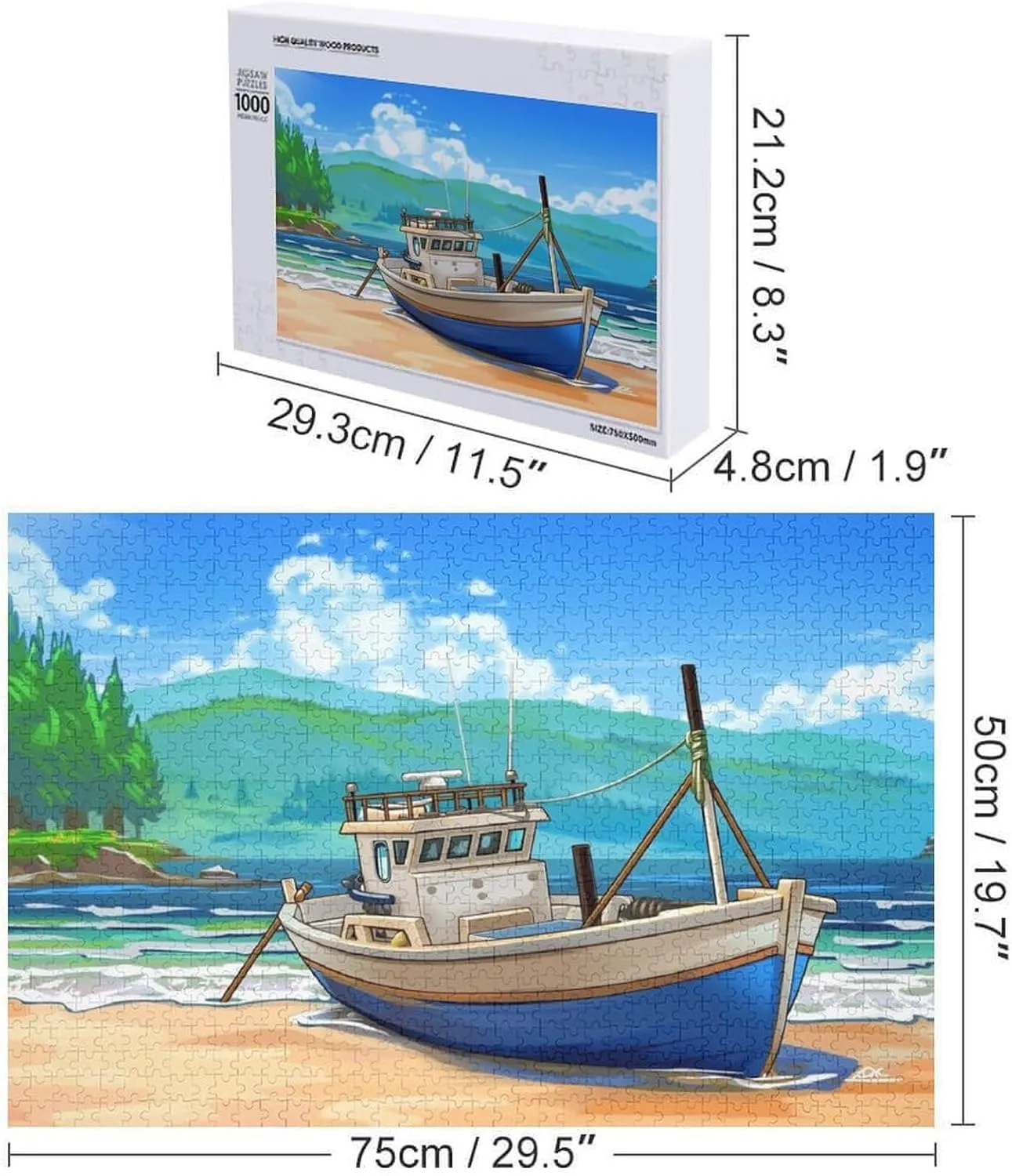 Fishing Boat Seaside Anime – 1000 Piece Wooden Puzzle, Tranquil Coastline with Anime-Style Vessel, Beautiful Ocean Art for Sea and Animation Fans