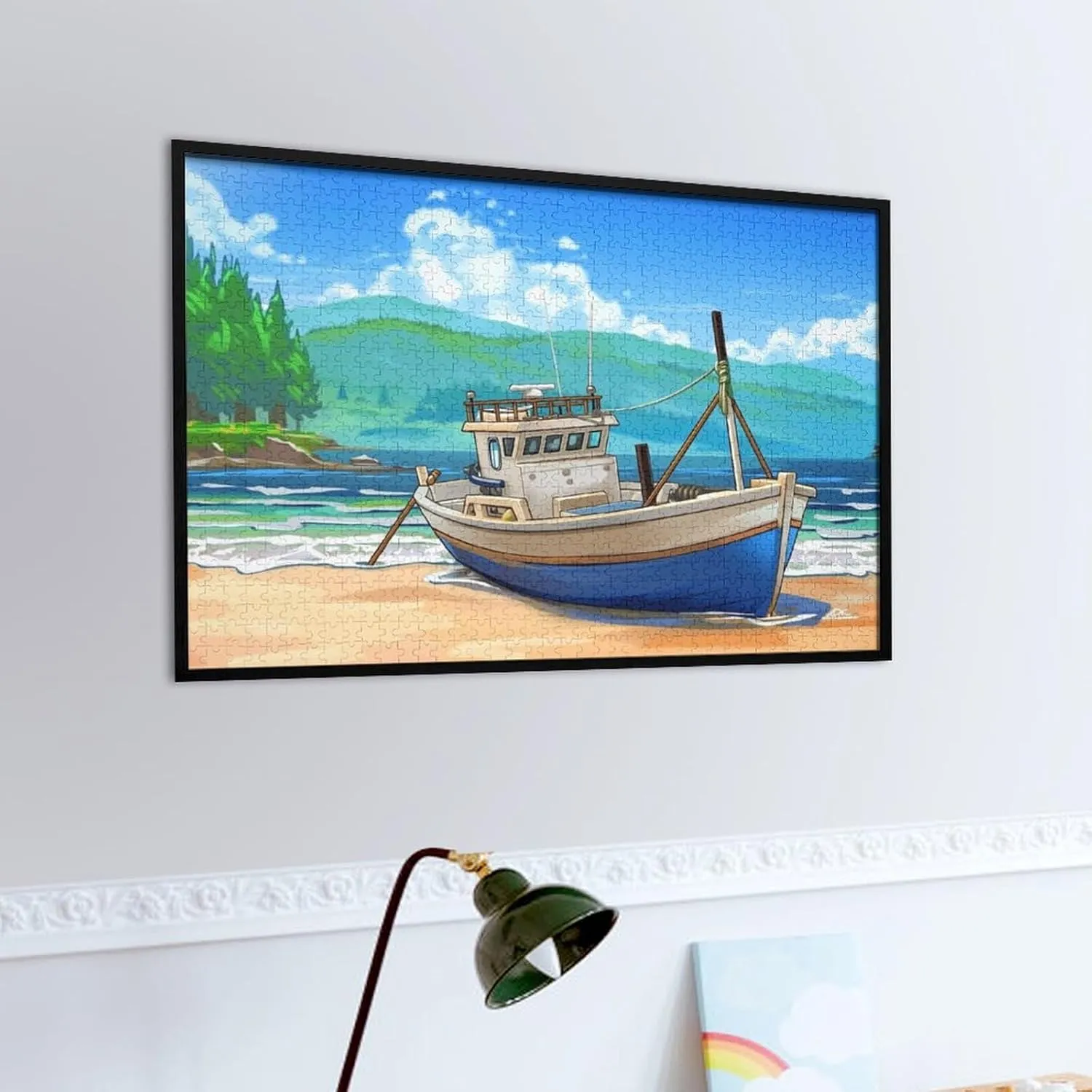 Fishing Boat Seaside Anime – 1000 Piece Wooden Puzzle, Tranquil Coastline with Anime-Style Vessel, Beautiful Ocean Art for Sea and Animation Fans