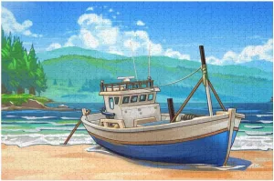 Fishing Boat Seaside Anime – 1000 Piece Wooden Puzzle, Tranquil Coastline with Anime-Style Vessel, Beautiful Ocean Art for Sea and Animation Fans