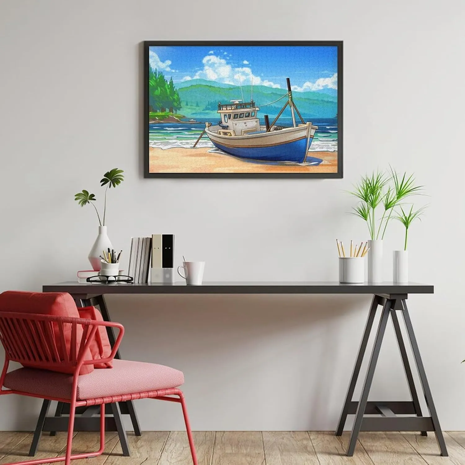 Fishing Boat Seaside Anime – 1000 Piece Wooden Puzzle, Tranquil Coastline with Anime-Style Vessel, Beautiful Ocean Art for Sea and Animation Fans