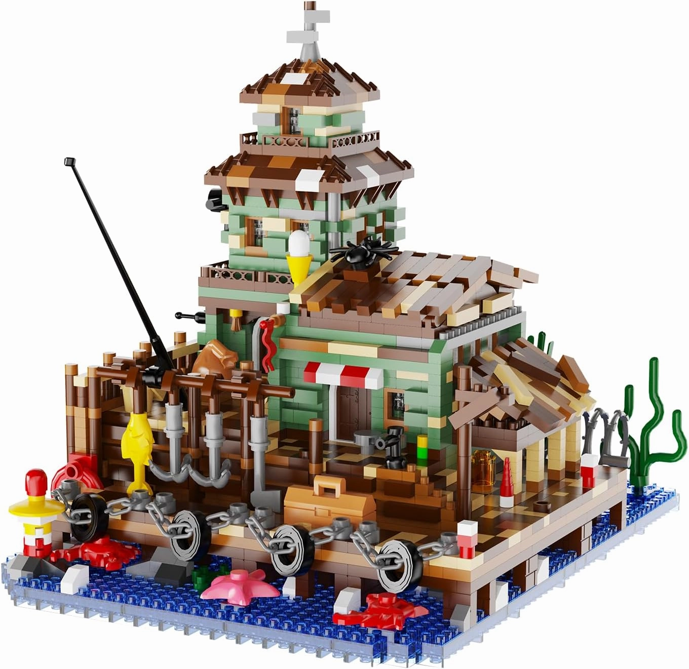 Fishing Village Store House building blocks with LED Lights, 2560 PCS Micro Bricks, DIY Architecture Model for Adults & Teens 14 , Miniature Cabin Seaside Decor, Creative Gift for Birthday & Christmas