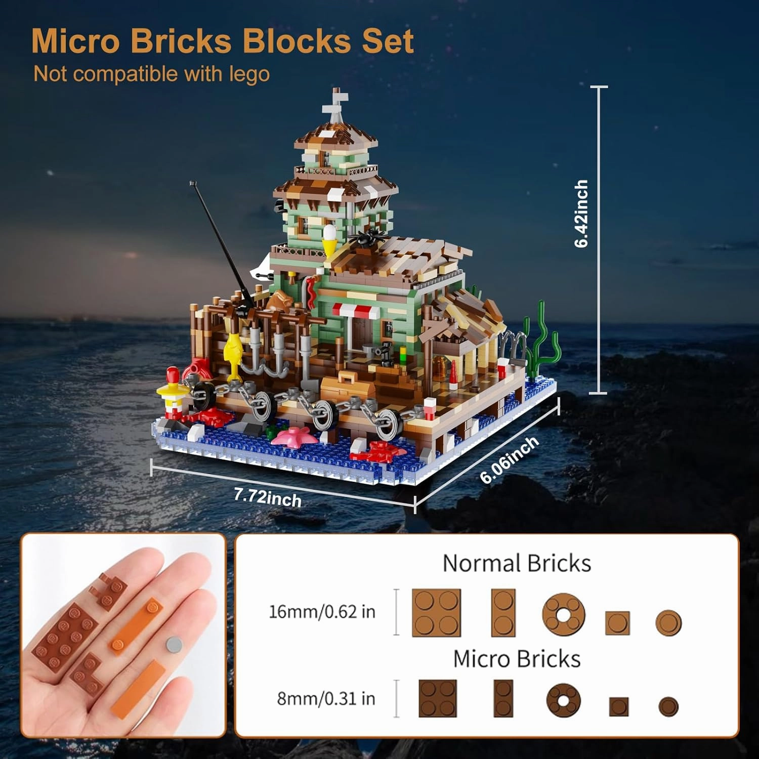 Fishing Village Store House building blocks with LED Lights, 2560 PCS Micro Bricks, DIY Architecture Model for Adults & Teens 14 , Miniature Cabin Seaside Decor, Creative Gift for Birthday & Christmas