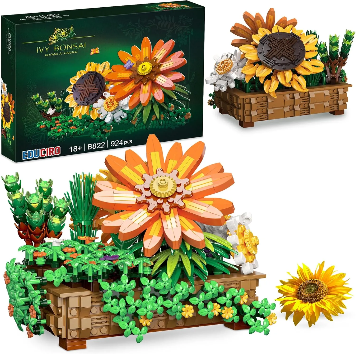 Flower Botanical Bonsai Building Set for Adults- Artificial Sunflowers Building Toys for Home Decor - Birthday Gift for Women, Girls & Boys