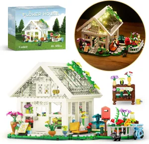 Flower House Building Set with LED Lights,Flower Shop Building Kits Creative Floral Greenhouse Kit for Girls Age 6 