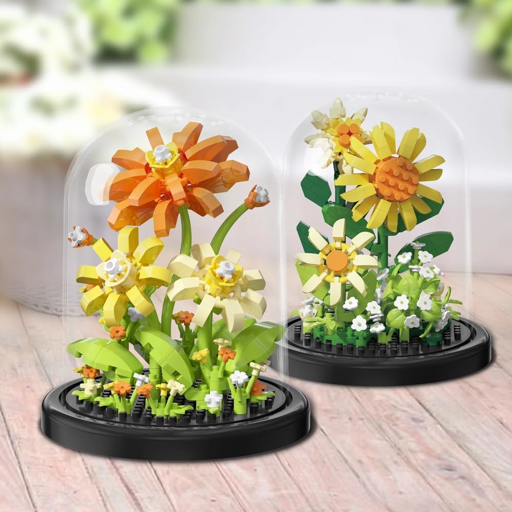 Flowers Bouquet Toys Micro Bricks Building Set with Dust Cover,2 Kinds of Sunflowers Creative Artificial Flower Boys and Girls,Gifts Ideas for Anniversary, Set for mom Kids