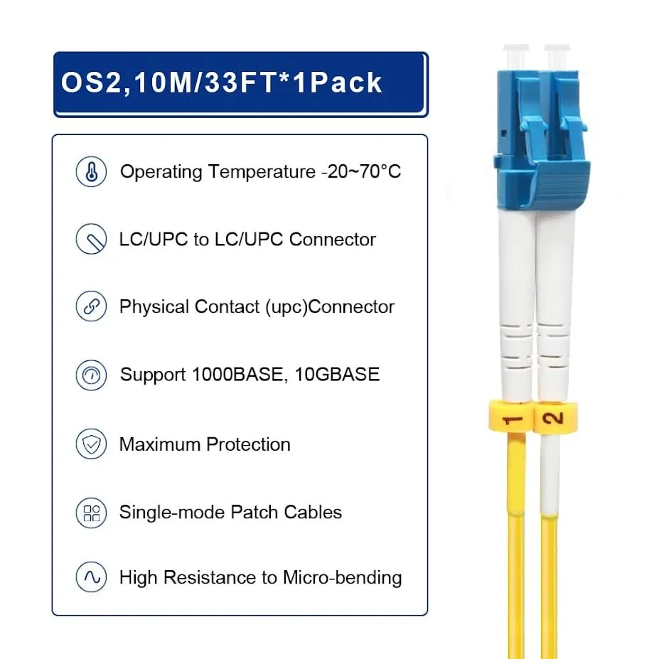 FLYPROFiber- 2M-6Pack LC to LC Single Mode Fiber Patch Cable OS2, SM Fiber Optic Cable, SMF Singlemode Fiber Jumper Cord, Duplex, 9/125um, Yellow, LSZH, 2M(7ft)-6Pack