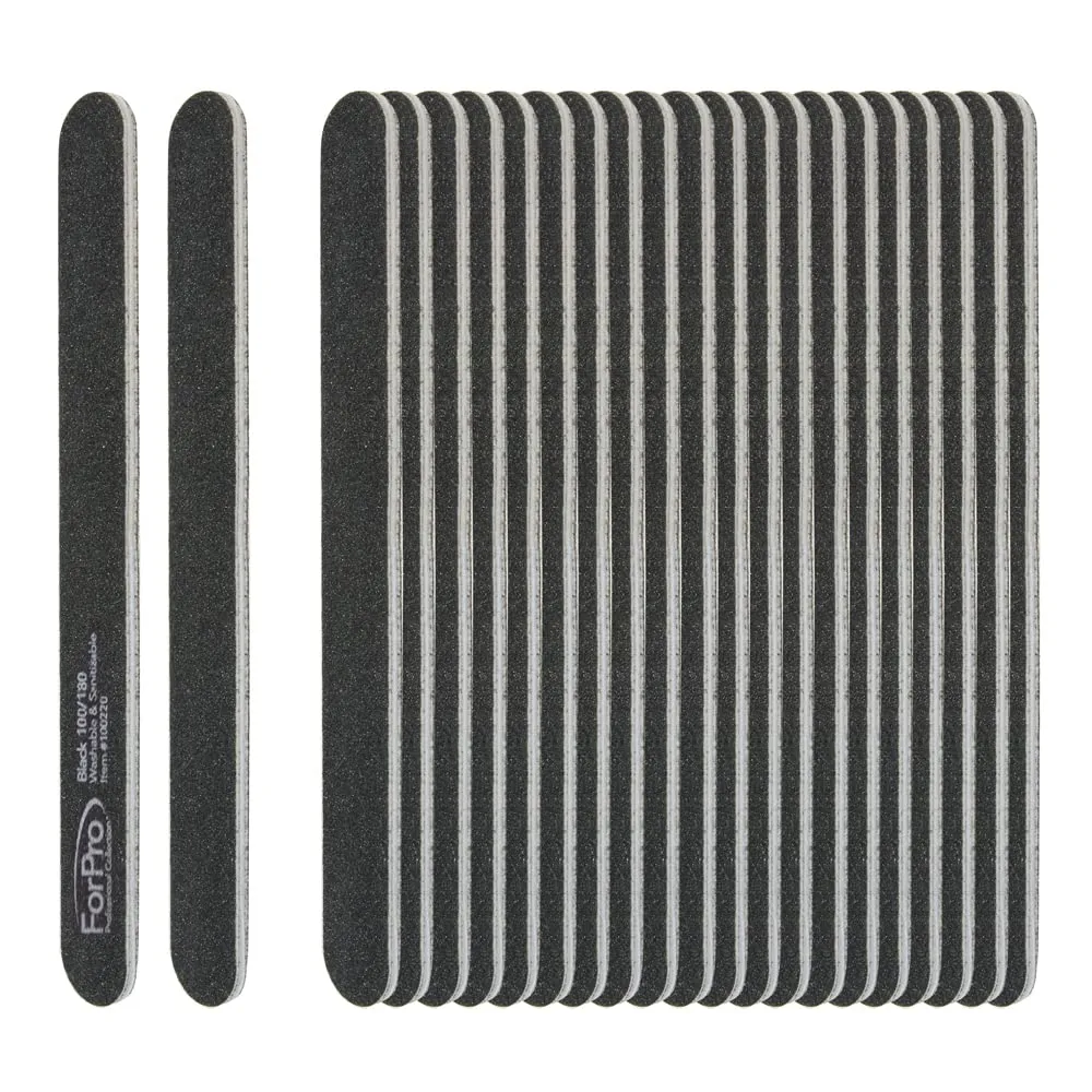ForPro Professional Collection Nail Foam Boards, Black, 100/180 Grit, Double-Sided Manicure Nail Files, 7” L x .75” W, 50-Count