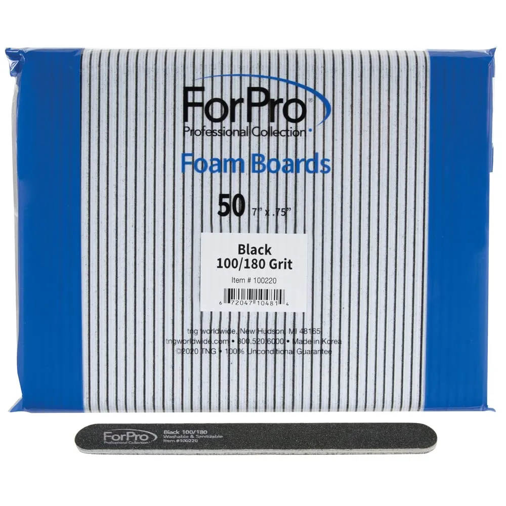 ForPro Professional Collection Nail Foam Boards, Black, 100/180 Grit, Double-Sided Manicure Nail Files, 7” L x .75” W, 50-Count