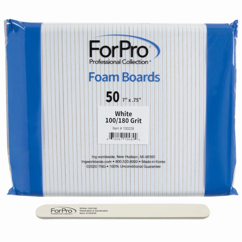 ForPro Professional Collection Nail Foam Boards, White, 100/180 Grit, Double-Sided Manicure and Pedicure Nail Files, 7” L x .75” W, 50-Count