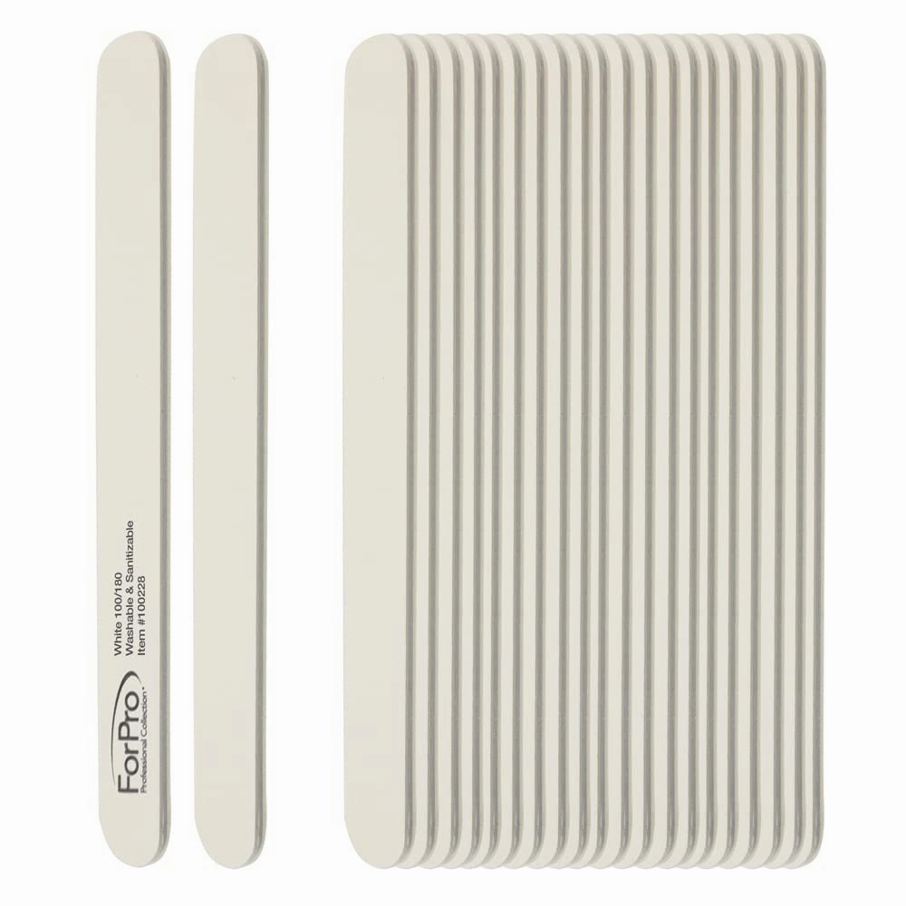 ForPro Professional Collection Nail Foam Boards, White, 100/180 Grit, Double-Sided Manicure and Pedicure Nail Files, 7” L x .75” W, 50-Count