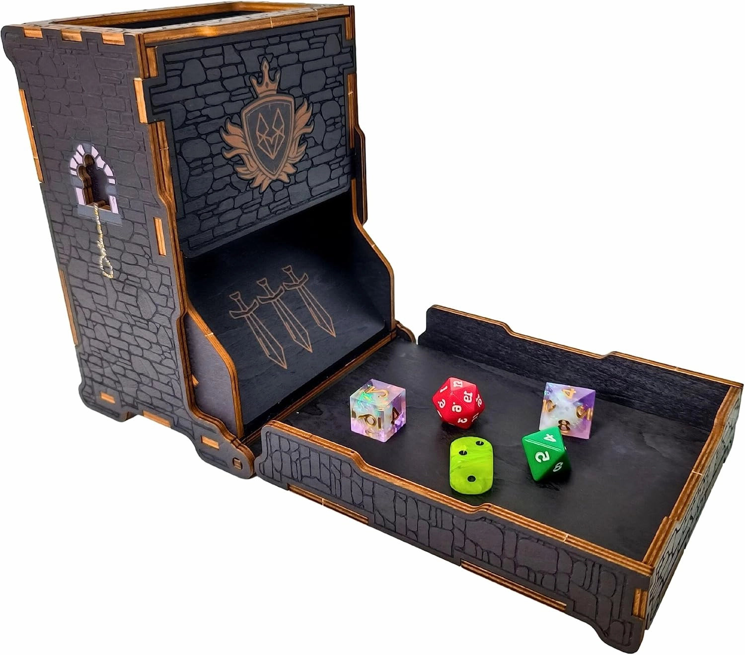 FOXBITE Dice Tower for Dungeons and Dragons Tower with Tray Wood Laser Etched DND Portable and Collapsible Dice Roller Perfect for Board Game and Tabletop RPG, Natural Wood Carved and Printed 5e