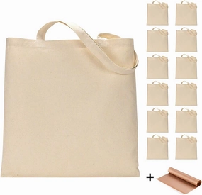 FunisFun 12 Pack Blank Canvas Tote Bags Bulk Reusable Shopping Grocery Bag for Crafts with a PTFE Teflon Sheet DIY