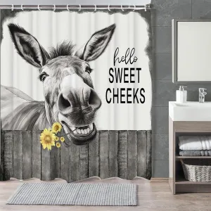 Funny Donkey Shower Curtain, Black and White Farmhouse Farm Animal 72x72 Shower Curtain Set, Gray Hello Sweet Cheeks Rustic Bathroom Decor Curtain with Shower Hooks