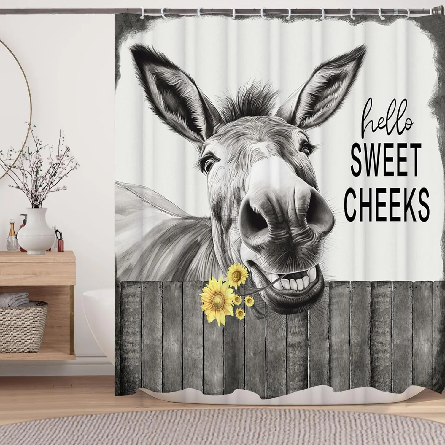 Funny Donkey Shower Curtain, Black and White Farmhouse Farm Animal 72x72 Shower Curtain Set, Gray Hello Sweet Cheeks Rustic Bathroom Decor Curtain with Shower Hooks