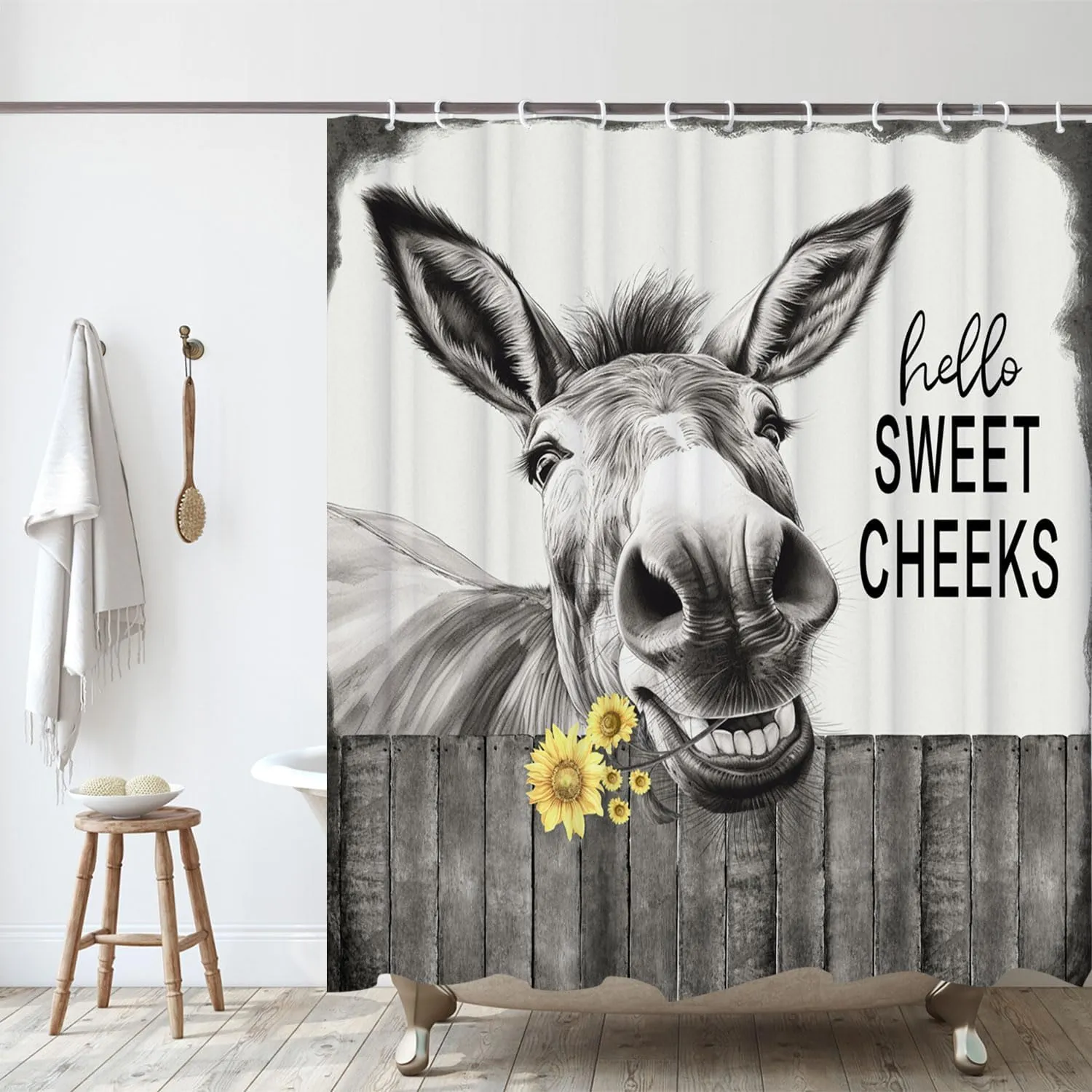 Funny Donkey Shower Curtain, Black and White Farmhouse Farm Animal 72x72 Shower Curtain Set, Gray Hello Sweet Cheeks Rustic Bathroom Decor Curtain with Shower Hooks
