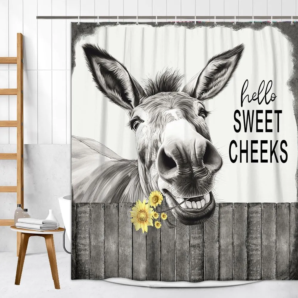 Funny Donkey Shower Curtain, Black and White Farmhouse Farm Animal 72x72 Shower Curtain Set, Gray Hello Sweet Cheeks Rustic Bathroom Decor Curtain with Shower Hooks