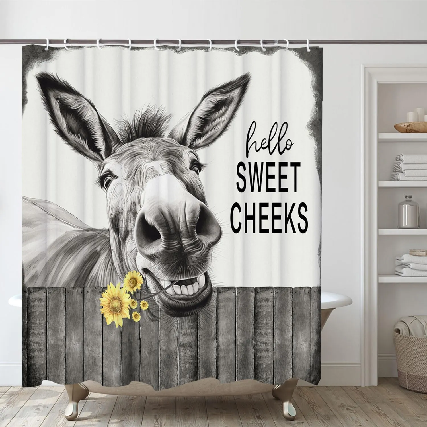 Funny Donkey Shower Curtain, Black and White Farmhouse Farm Animal 72x72 Shower Curtain Set, Gray Hello Sweet Cheeks Rustic Bathroom Decor Curtain with Shower Hooks