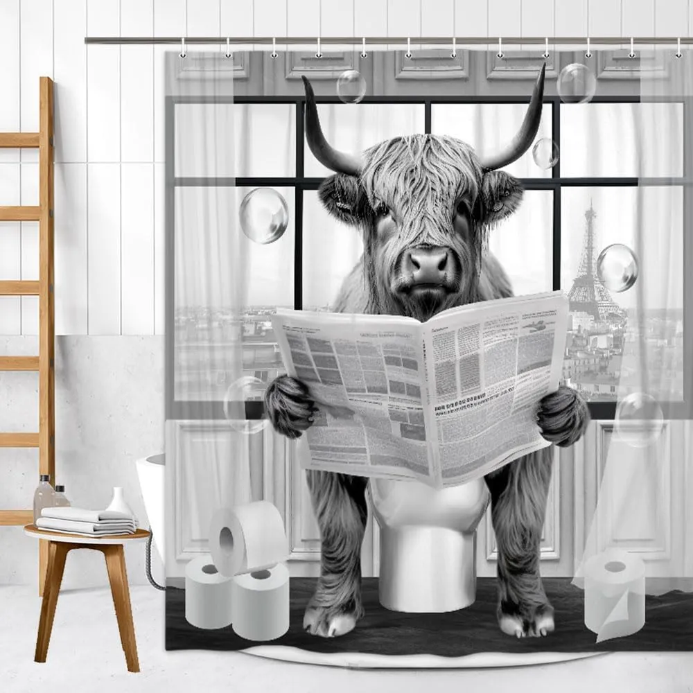Funny Highland Cattle Cow Bull Shower Curtain, Black and White Cattle Reading Newspaper on Toilet Shower Curtains Set, Humor Western West Farmhouse Shower Curtains with Hooks 72x72inch