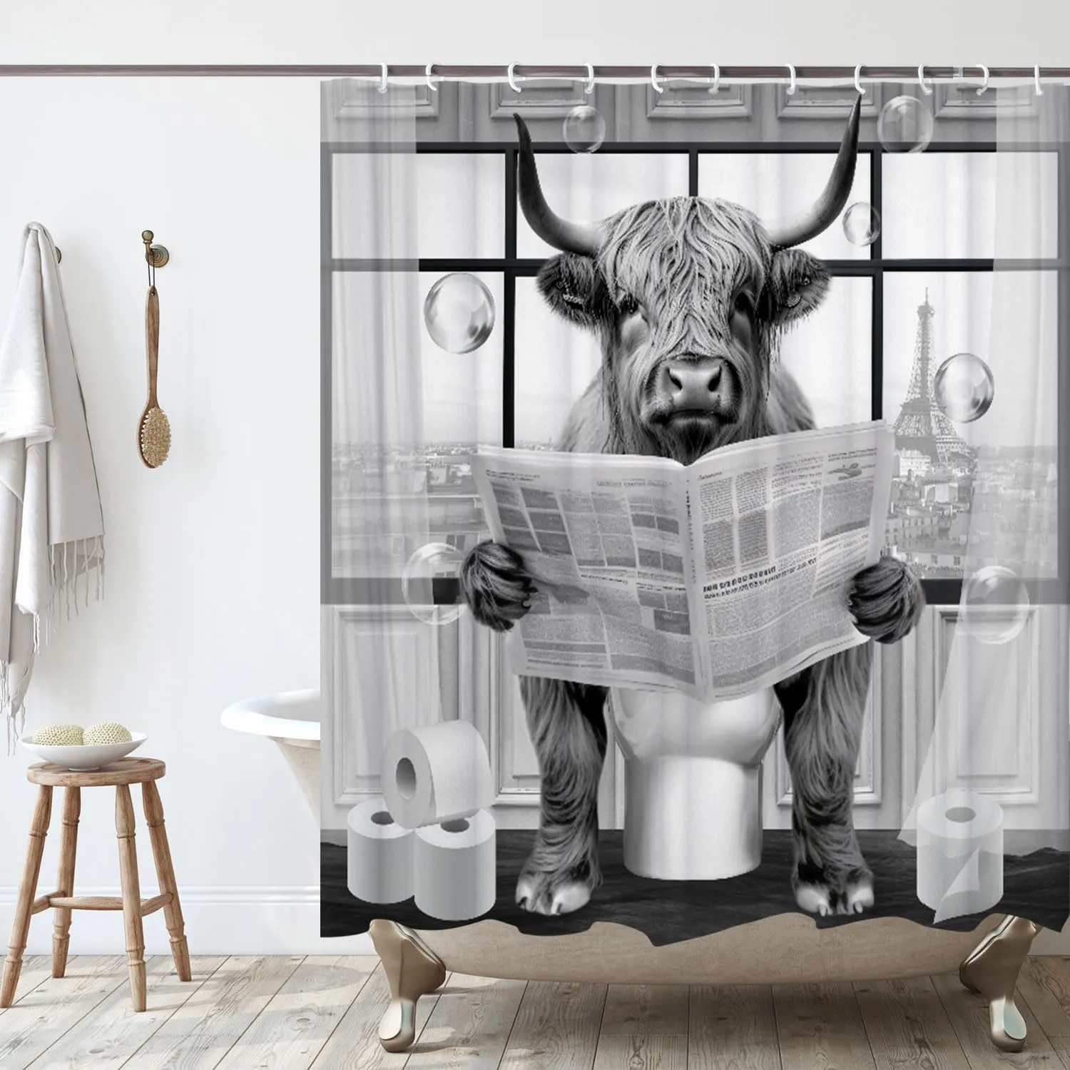 Funny Highland Cattle Cow Bull Shower Curtain, Black and White Cattle Reading Newspaper on Toilet Shower Curtains Set, Humor Western West Farmhouse Shower Curtains with Hooks 72x72inch