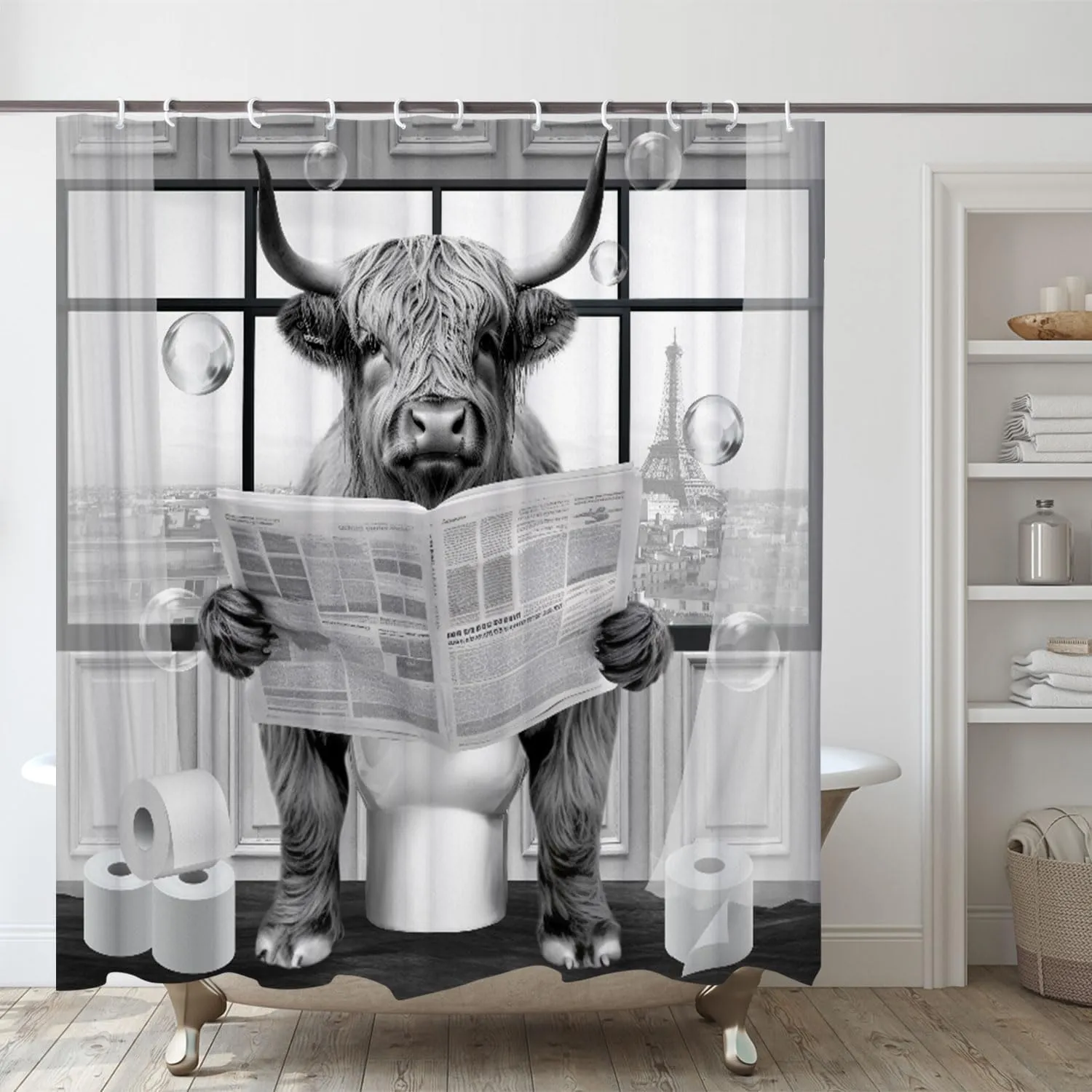 Funny Highland Cattle Cow Bull Shower Curtain, Black and White Cattle Reading Newspaper on Toilet Shower Curtains Set, Humor Western West Farmhouse Shower Curtains with Hooks 72x72inch