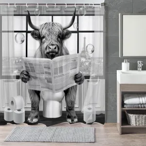 Funny Highland Cattle Cow Bull Shower Curtain, Black and White Cattle Reading Newspaper on Toilet Shower Curtains Set, Humor Western West Farmhouse Shower Curtains with Hooks 72x72inch